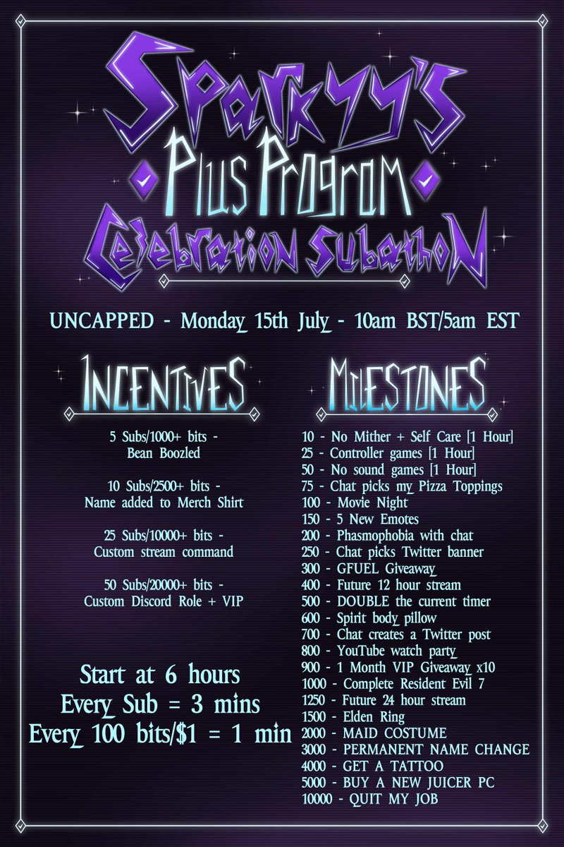 ⚡️ SUBATHON ANNOUNCEMENT ⚡️

Sparkyy's Plus Program Celebration Subathon!
UNCAPPED - 15th July - 10am BST