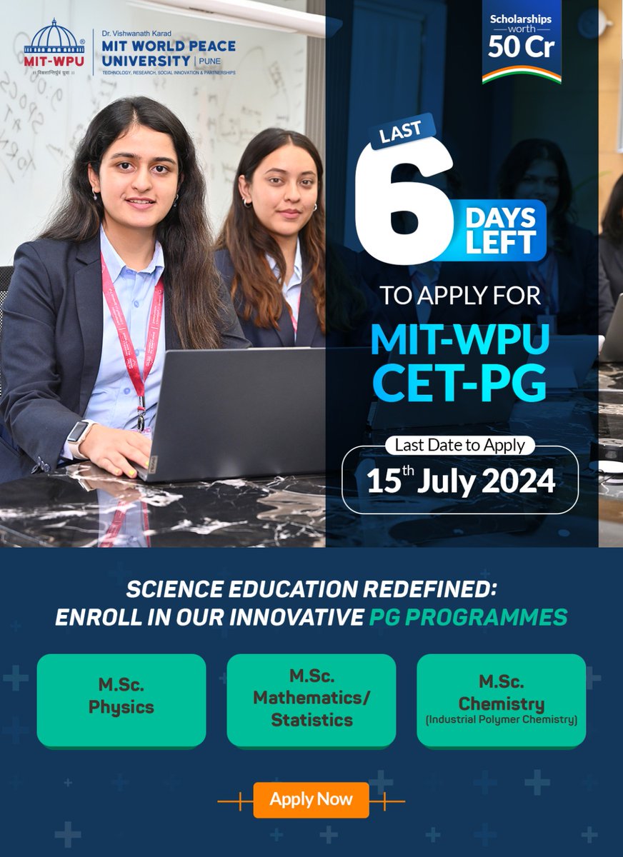vidyavision_com's tweet photo. Last 6 Days Left to apply for MIT-WPU CET-PG.
Last Date to apply: 15th July 2024
Apply Now: https://t.co/nSMTZFMEnd
#mitwpu #mitwpuadmission #mitwpucet #admission2024 #admissionopen https://t.co/gEeSMJPiyX