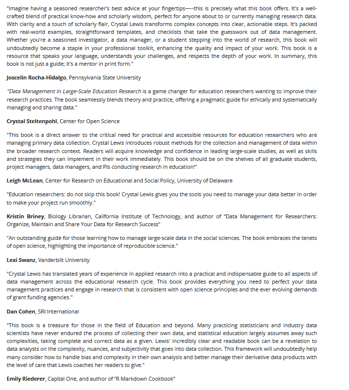 Cghlewis's tweet image. Today is the day! Data Management in Large-Scale Education Research is officially out in stores and online!
@CRCPress
routledge.com/Data-Managemen…
The open access version will remain freely available as well here!
datamgmtinedresearch.com