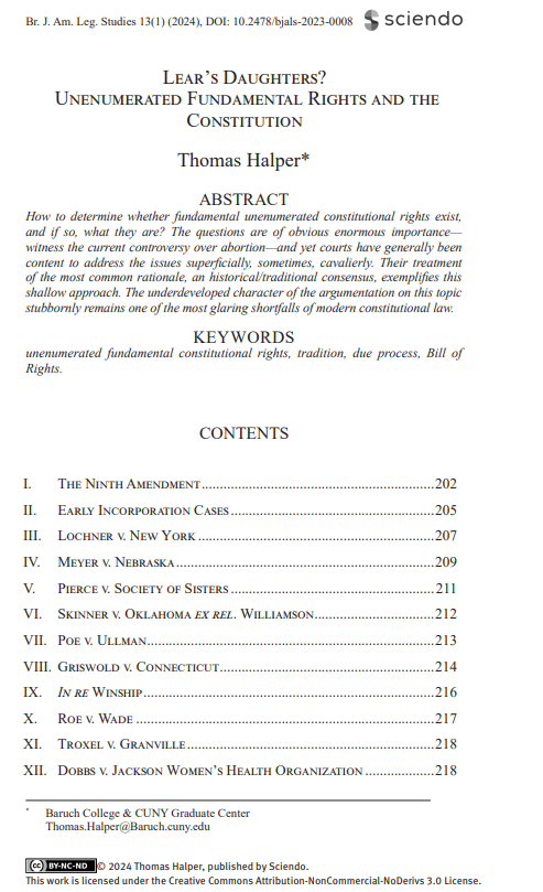 #newlawrevarticles Excited to share Professor Halper's article, “Lear’s Daughters? Unenumerated Fundamental Rights and The Constitution,” which explores modern constitutional law on current controversial issues such as abortion.
Available here: bcuassets.blob.core.windows.net/docs/bjals-131…