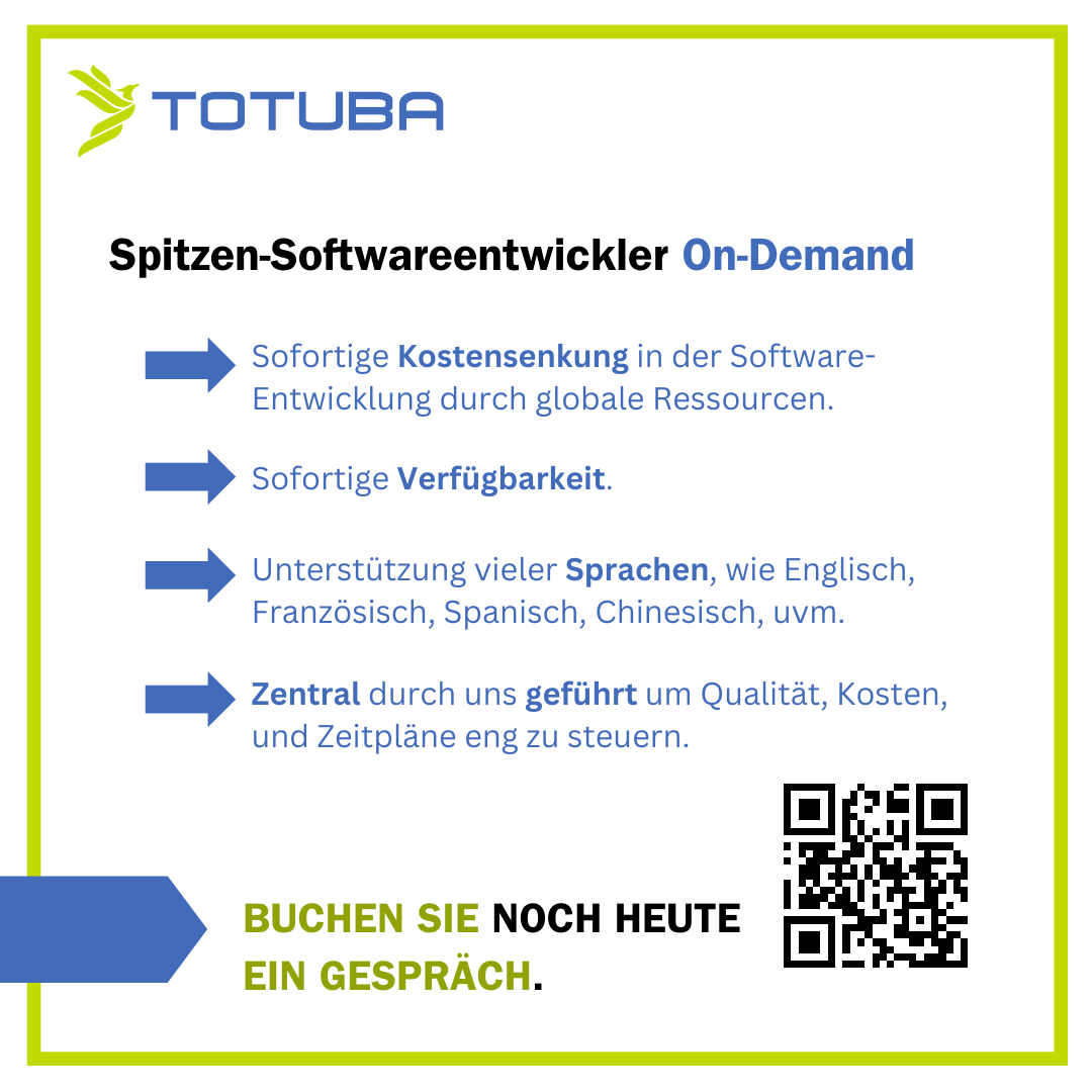 totuba_ltd's tweet image. On-Demand-Zugang zu den weltweit besten Software-Experten. Nur bezahlt, wenn Sie mit dem Ergebnis zufrieden sind. Gemäß Ihres Bedarfs, flexibel, ohne Sperrverträge. Email: inquiry@totuba.com, WA: wa.me/436789070249266. Wir bieten 40 Stunden Probiermöglichkeit. #softwareondemand