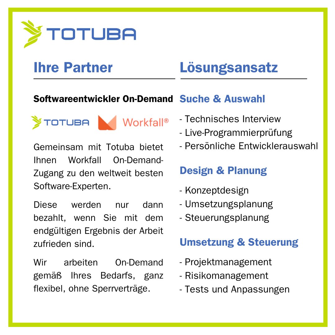 totuba_ltd's tweet image. On-Demand-Zugang zu den weltweit besten Software-Experten. Nur bezahlt, wenn Sie mit dem Ergebnis zufrieden sind. Gemäß Ihres Bedarfs, flexibel, ohne Sperrverträge. Email: inquiry@totuba.com, WA: wa.me/436789070249266. Wir bieten 40 Stunden Probiermöglichkeit. #softwareondemand