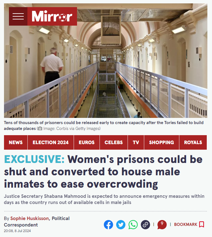 Women's prisons could be shut and converted to house male inmates to ease overcrowding, reports the Mirror.

This is a vital moment for this Labour govt to seize a step-change in our response to female offenders. Prison has proven time and again to NOT be a safe place for women,