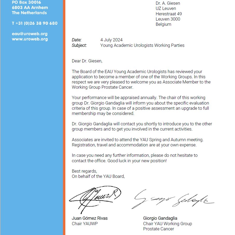 Alexander Giesen (@thegiesen) on Twitter photo 🤩Thrilled to announce I've been accepted to the YAU PCa Working Group of the EAU!
🌟 Excited for these collaborative opportunities 💪
🔬 Looking forward to advancing PCa research together with like-minded and world-reknowned colleagues! #PCa #EAU <a href="/joniau/">steven joniau</a> <a href="/EAU_YAUProstate/">EAU YAU Prostate Cancer Working Group</a> 🤩Thrilled to announce I've been accepted to the YAU PCa Working Group of the EAU!
🌟 Excited for these collaborative opportunities 💪
🔬 Looking forward to advancing PCa research together with like-minded and world-reknowned colleagues! #PCa #EAU <a href="/joniau/">steven joniau</a> <a href="/EAU_YAUProstate/">EAU YAU Prostate Cancer Working Group</a>