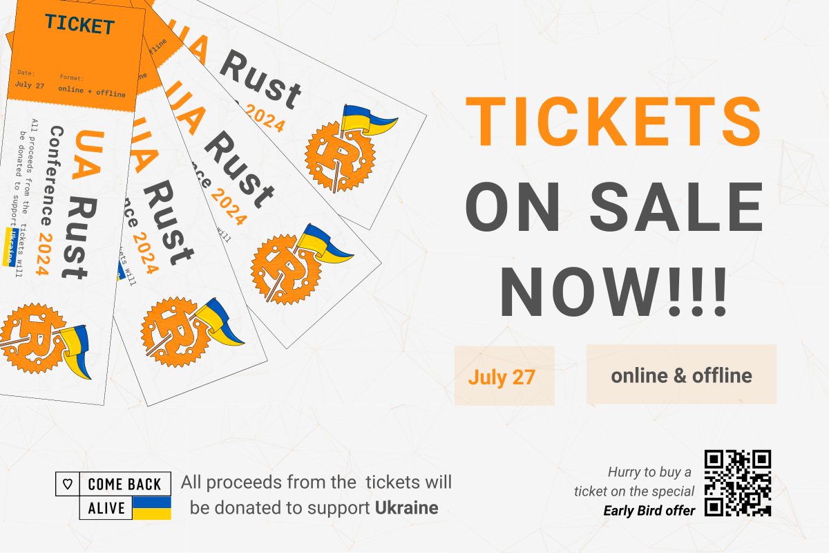 rustlang_ua's tweet image. 🦀 Tickets for UA Rust Conference 2024 are on sale!
Join the biggest Rust event in Ukraine on July 27, online and at offline fan zones. Get early access to talk recordings, support Ukraine, and hear from top Rust experts! Early bird price: $50.
🔗BUY HERE: uarust.com/#ticket