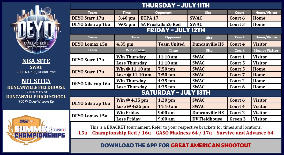 DEYO’s schedule for the LIVE period this weekend at the:

GASO Summer Championship
<a href="/TexasHoopsGASO/">TexasHoops/GASO 🔗</a> 

Come check us out!
