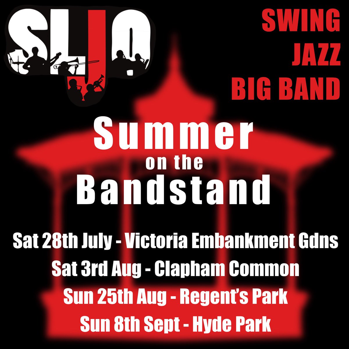 SLJO_London's tweet photo. Where can I find some free live jazz music in London, I hear you ask?!! We have a lovely bunch of London bandstand concerts coming up! 🎶🎷🎵🎺 #mightneedanumbrella #summeronthebandstand #bandstand #londonbandstand #freelivemusic #freejazz https://t.co/gU09tO6JAA