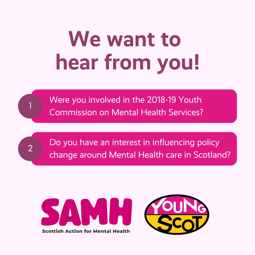 SAMHtweets's tweet photo. Are you a young person eager to influence mental health policy?

If you were involved in the 2018-2019 Youth Commission on Mental Health Services, or would like to inform our mental health influencing work with @YoungScot, get in touch now! 

➡️ https://t.co/BQ5jsw6aiC https://t.co/SDh4fZxwyu