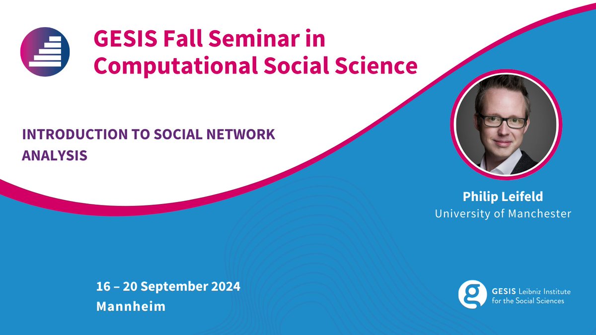 gesistraining's tweet photo. Need to analyze relational or network data? @PhilipLeifeld teaches concepts, methods, and techniques of #SocialNetworkAnalysis in our #GESISfallseminar course.
Enhance your skills and join us!
➡️ https://t.co/lqzNmCPQuO
#NetworkData #RelationalData #DataScience https://t.co/su8nBc8NvB