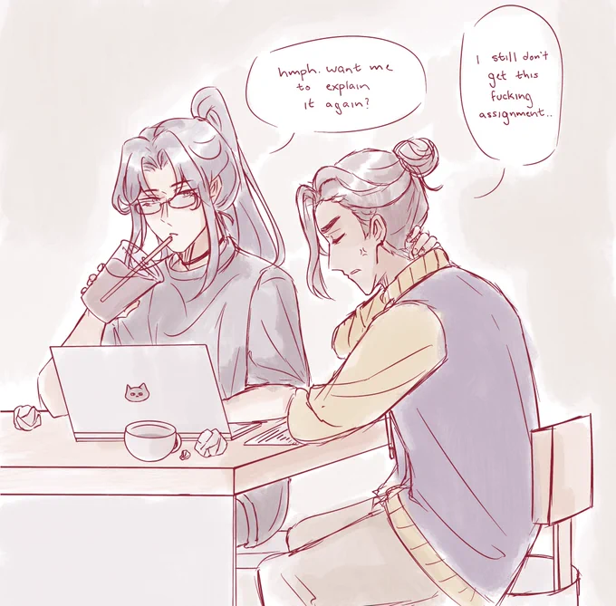 fengqing university au ☕️ feng xin and mu qing cram studying .. for @fengqingaction !

prompt from @traveils , thank you for donating ✨
#fengqing #tgcf 