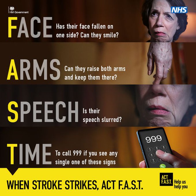 CDDFTNHS's tweet photo. If you see someone with any of the signs or symptoms of a stroke, remember to Act F.A.S.T.

F – Face (has their face fallen on one side?)
A – Arms (can they raise both arms and keep them there?)
S – Speech (is it slurred?)
T – Time to call 999 https://t.co/VGce3Q9kZV