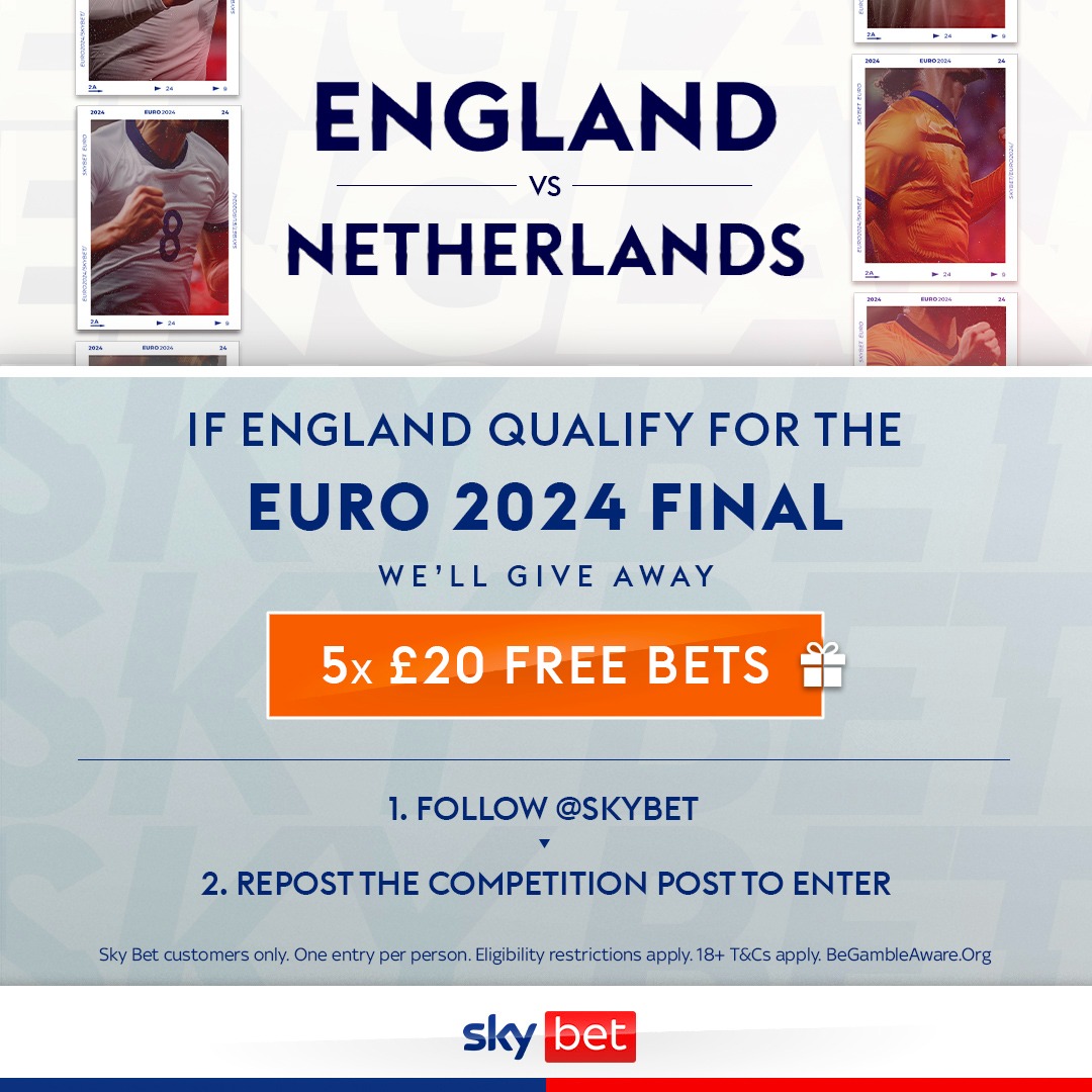 SkyBet's tweet photo. England face Netherlands in the #Euro2024 Semi-Finals at 8pm 🦁

If the #ThreeLions qualify for the Final, we will give away 5⃣x £20 FREE bets 💷

To enter:
📲 Follow @SkyBet
🔁 Repost the competition post

Hit the link for full T&amp;Cs 🔗