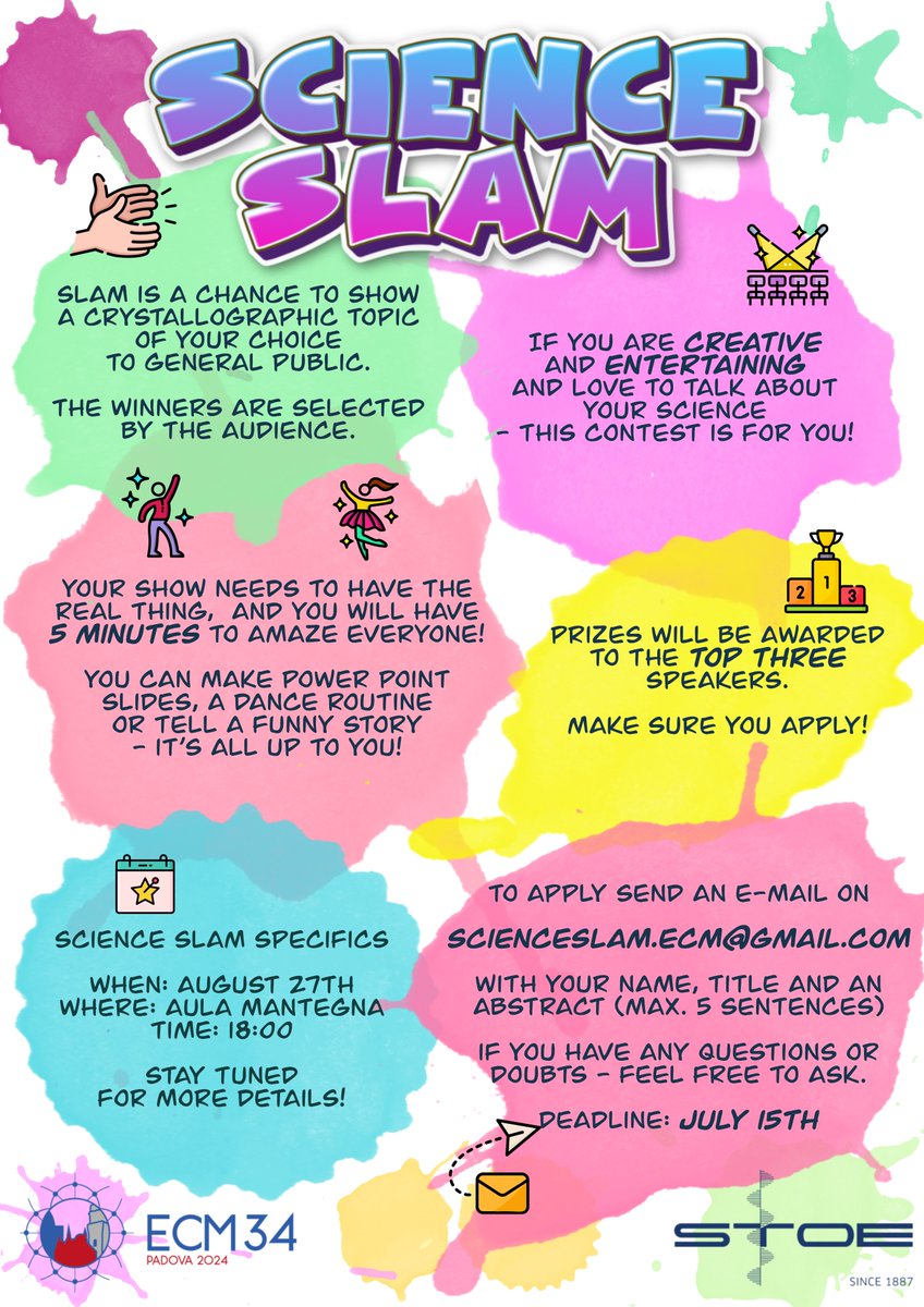 📢 Another edition of the Science Slam will take place during the 34th European Crystallographic Meeting in Padova!!!
📅 on August 27th, 2024, at 18:00 in Aula Magna