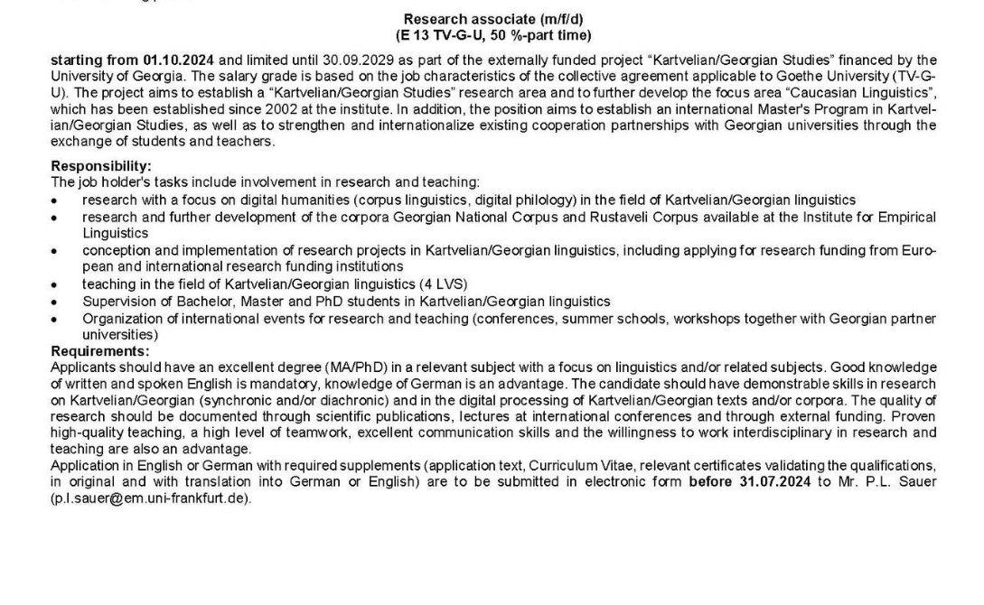 part-time job for Kartvelologist in Frankfurt -- 
<a href="/thomas_wier/">Thomas Wier</a>, maybe you know ppl who might be interested 
#Georgia 
h/t <a href="/SouthCaucasus/">Notes from Georgia/South Caucasus (Hälbig, Ralph)</a>