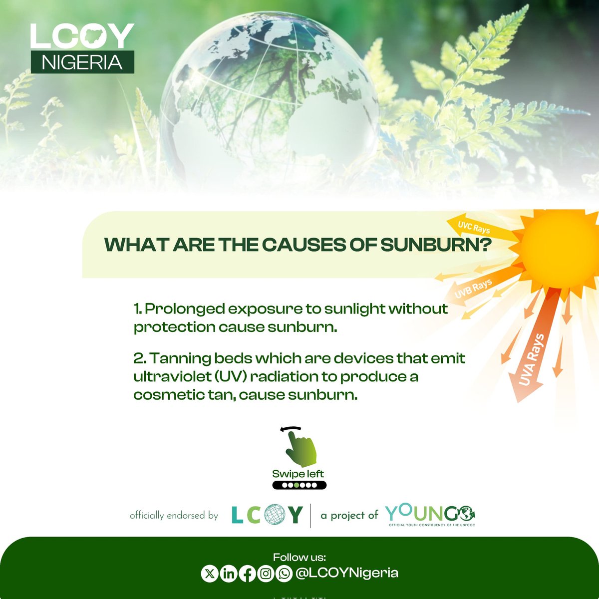 lcoynigeria's tweet photo. Did you know that a sunburn today can lead a to skin damage tomorrow?🤔

Embrace the sun safely, and stay protected.  

Your skin will thank you! 

Stay Connected with LCOYNG for more tips!

#LCOYNG #YOUNGO #ClimateAction #TuesdayTips https://t.co/rIhSYI7XO0