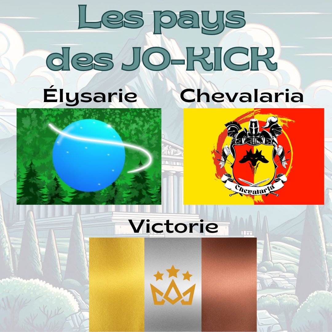 Queen_AceOne_'s tweet photo. 🎉 Les Jeux OlympKICK sur @kickfrancais le 19 juillet vont rassembler des équipes du monde d'Olympia ! 🌍🔥
🌟Voici les Équipes participantes ! Préparez-vous pour un événement épique ! 

Les équipes ont eu le défi de créer leurs pays fictifs, et voici le top 3 : 
🏰 Elysarie
⚔️ Chevalaria
🏆 Victorie

#LesJeuxOlympKICK #Gaming