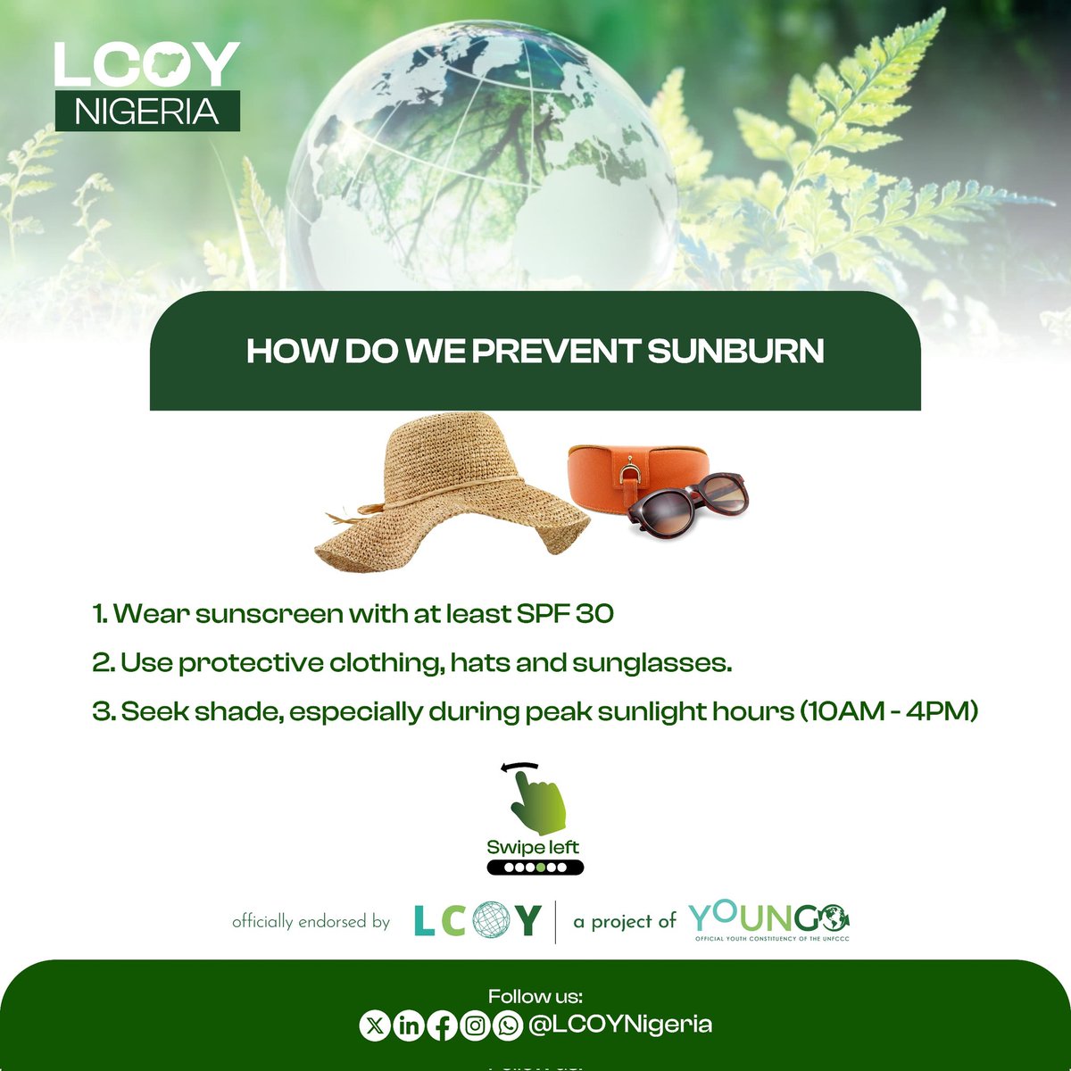 lcoynigeria's tweet photo. Did you know that a sunburn today can lead a to skin damage tomorrow?🤔

Embrace the sun safely, and stay protected.  

Your skin will thank you! 

Stay Connected with LCOYNG for more tips!

#LCOYNG #YOUNGO #ClimateAction #TuesdayTips https://t.co/rIhSYI7XO0