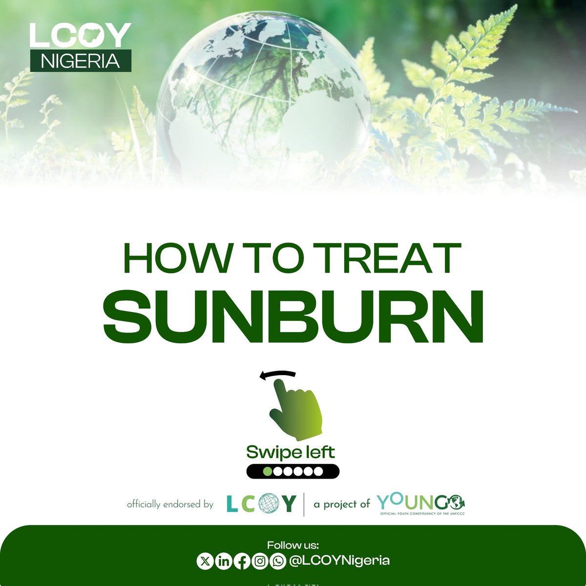 lcoynigeria's tweet photo. Did you know that a sunburn today can lead a to skin damage tomorrow?🤔

Embrace the sun safely, and stay protected.  

Your skin will thank you! 

Stay Connected with LCOYNG for more tips!

#LCOYNG #YOUNGO #ClimateAction #TuesdayTips https://t.co/rIhSYI7XO0