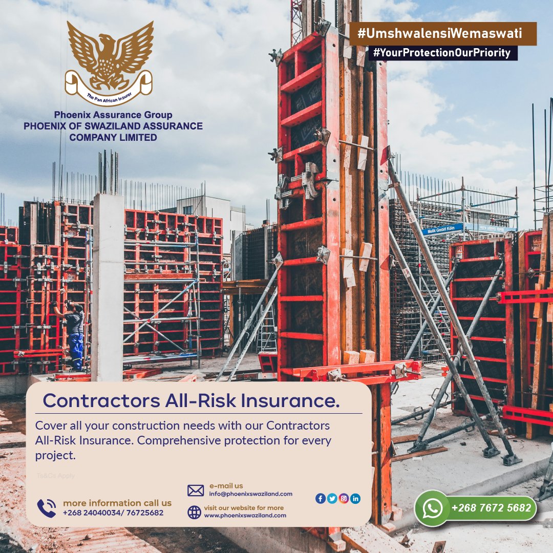 PhoenixSwazila1's tweet image. Cover all your construction needs with our Contractors All-Risk Insurance. Comprehensive protection for every project. 🏗️🛡️ #ContractorsInsurance #AllRiskCoverage #BuildSecure

Talk to us today - WhatsApp: +268 7672 5682 - Call: +268 2404 0034 #UmshwalensiWemaswati