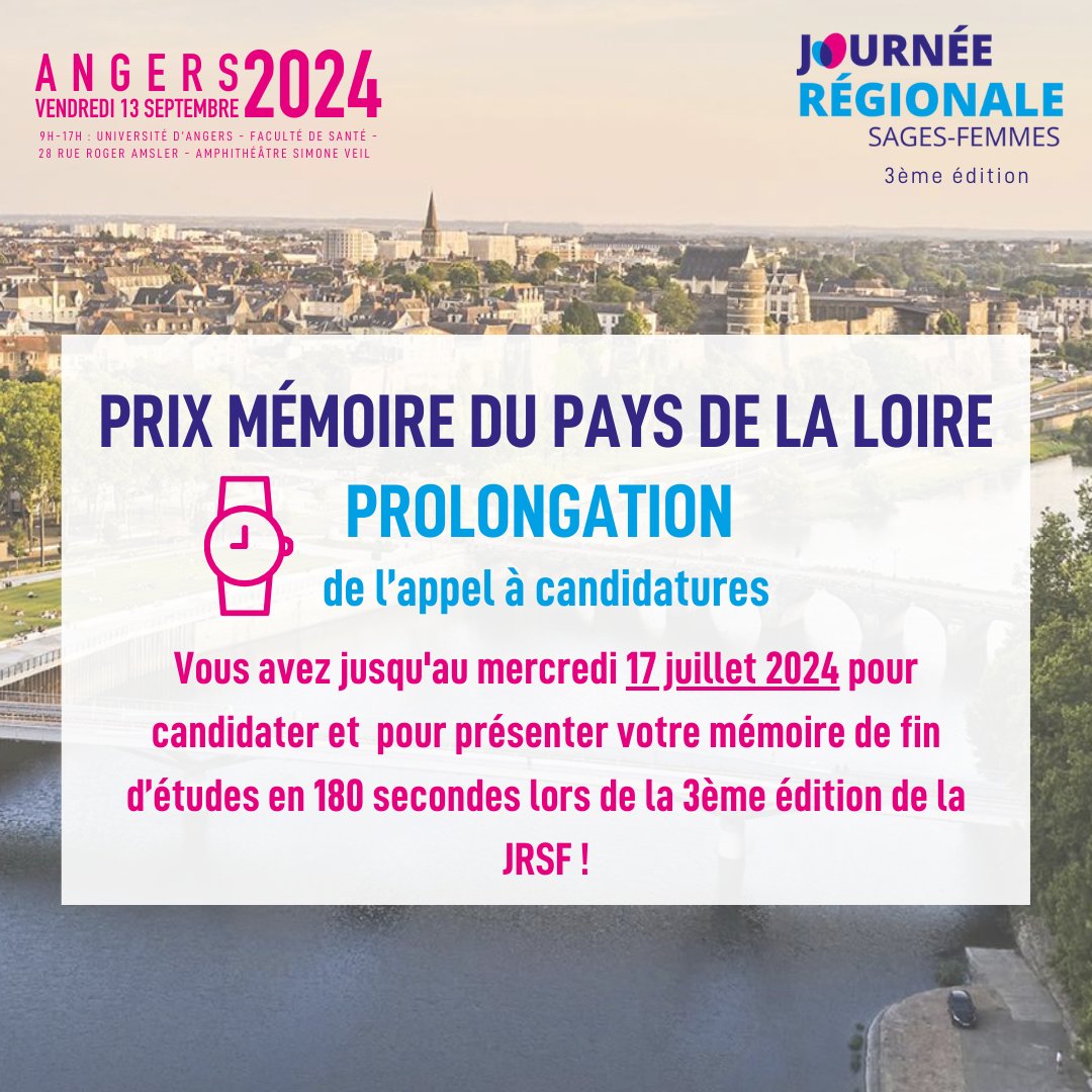 Collège Sages-Femmes (@coll_sagefemme) on Twitter photo Nous avons décidé de prolonger la date limite d'envoi des candidatures au mercredi 17 juillet 2024.
Vous avez encore plus de temps pour peaufiner votre candidature : Candidature - Prix Mémoire - Journée Régionale Sages-Femmes Angers 2024 (google.com) Nous avons décidé de prolonger la date limite d'envoi des candidatures au mercredi 17 juillet 2024.
Vous avez encore plus de temps pour peaufiner votre candidature : Candidature - Prix Mémoire - Journée Régionale Sages-Femmes Angers 2024 (google.com)