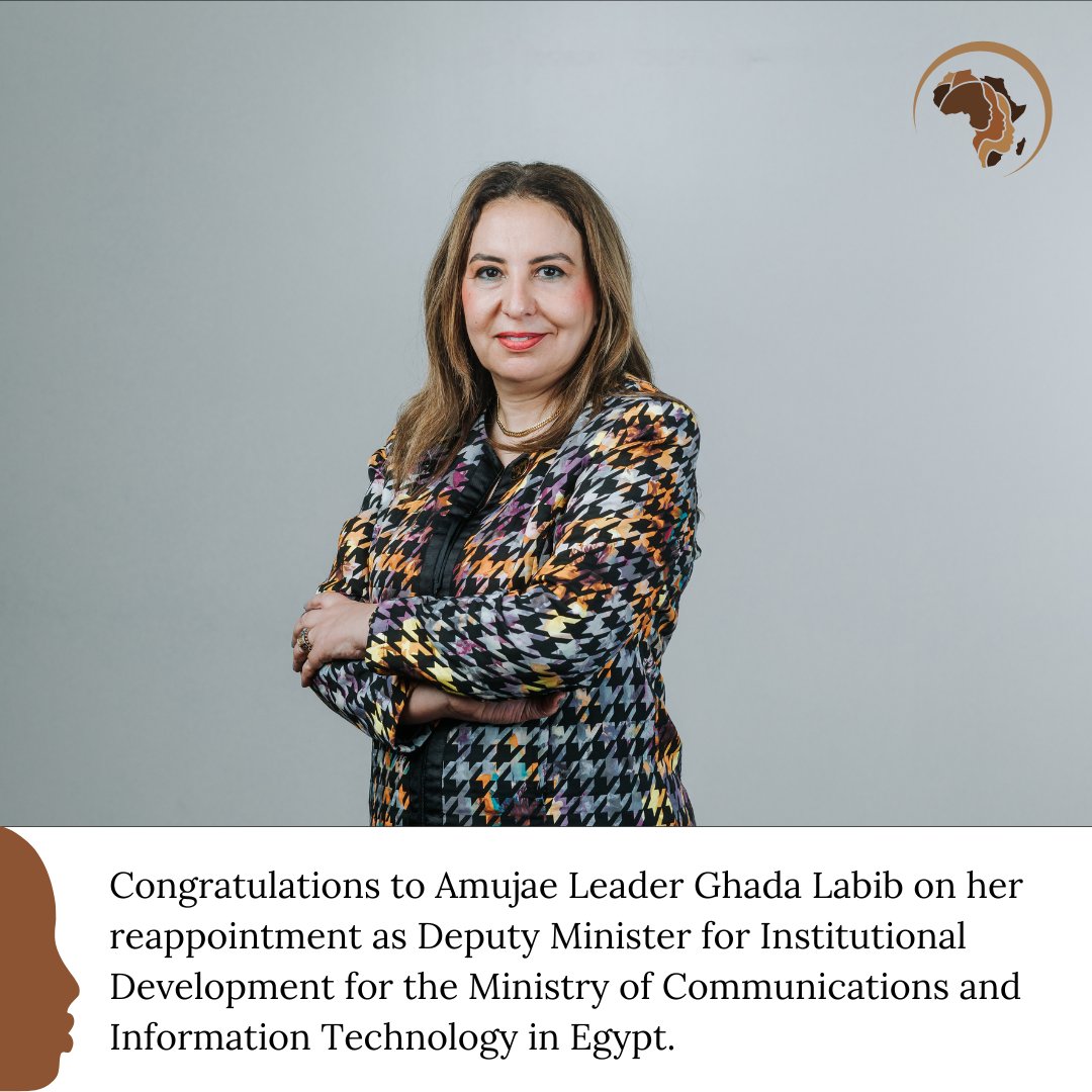 EJSCenter's tweet photo. We are delighted that #AmujaeLeader @ghadalabib has been reappointed as Deputy Minister for Institutional Development for the Ministry of Communications and Information Technology in #Egypt.

Her reappointment is a testament to her business, development, and #leadership skills, and her commitment to inclusive #digitaltransformation.