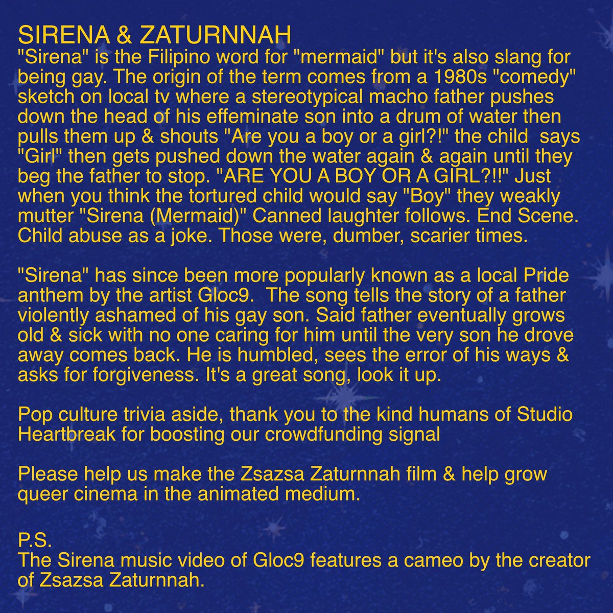 ZaturnnahFilm's tweet photo. "Sirena" is the Filipino word for "mermaid" but it's also slang for being gay.

Thank you @studioheartbrk for the signal boost. 

Please help us make the Zsazsa Zaturnnah film (https://t.co/eEy7fA0gxd).

#LGBTQ #animation #cartoons #queer #queercinema #indieanimation https://t.co/K7ywKtfJOC