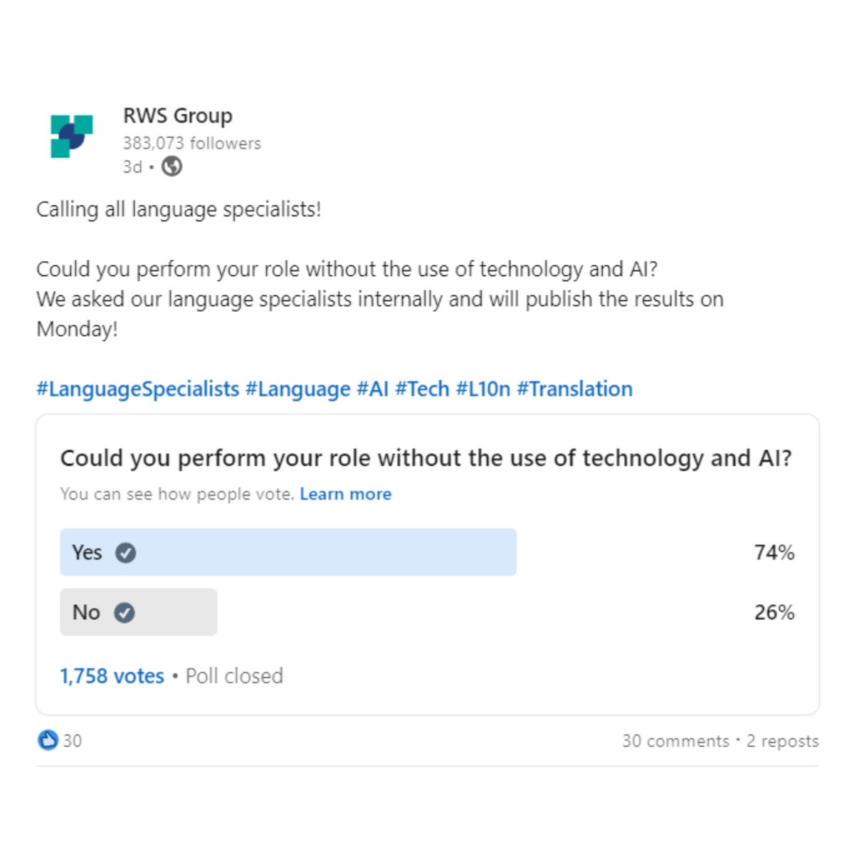 RWSGroup's tweet photo. We asked #LanguageSpecialists if they could carry out their role without the use of #technology and #AI.
Most of your comments acknowledge it would take a lot more time and it certainly helps you to do your best work!
https://t.co/UIox3cLy3h https://t.co/JZIZiAxsj0