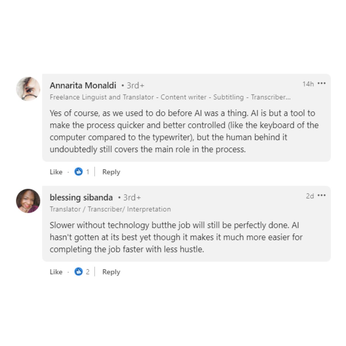 RWSGroup's tweet photo. We asked #LanguageSpecialists if they could carry out their role without the use of #technology and #AI.
Most of your comments acknowledge it would take a lot more time and it certainly helps you to do your best work!
https://t.co/UIox3cLy3h https://t.co/JZIZiAxsj0
