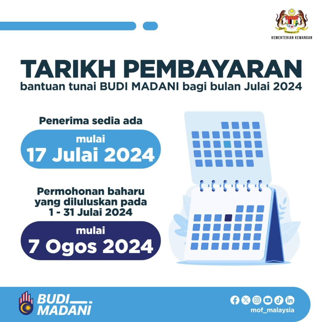 MOFmalaysia's tweet photo. Mesti ramai nak tahu bila pembayaran bantuan tunai BUDI MADANI seterusnya kan? 

Bagi penerima sedia ada, bantuan tunai akan disalurkan mulai 17 Julai 2024, manakala permohonan baharu yang telah diluluskan pada bulan Julai pula akan menerima bantuan tunai mulai 7 Ogos 2024. https://t.co/amh18IVod1