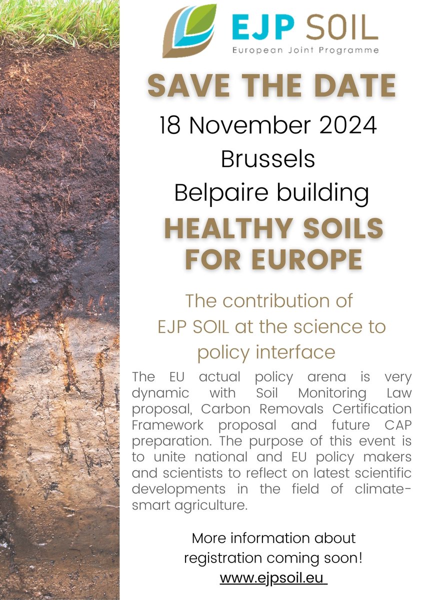 EJP SOIL (@ejpsoil) on Twitter photo 🌍 Save the Date! 📅 Join us on 18 November 2024 in Brussels for #HEALTHYSOILS FOR EUROPE.
We'll explore #EJPSOIL’s impact at the science-policy interface in EU agriculture. 🌱 Registration details coming soon!
#ClimateSmartAgriculture #EUAgPolicy <a href="/EU_Commission/">European Commission</a> <a href="/EUgreenresearch/">EU green research</a> 🌍 Save the Date! 📅 Join us on 18 November 2024 in Brussels for #HEALTHYSOILS FOR EUROPE.
We'll explore #EJPSOIL’s impact at the science-policy interface in EU agriculture. 🌱 Registration details coming soon!
#ClimateSmartAgriculture #EUAgPolicy <a href="/EU_Commission/">European Commission</a> <a href="/EUgreenresearch/">EU green research</a>