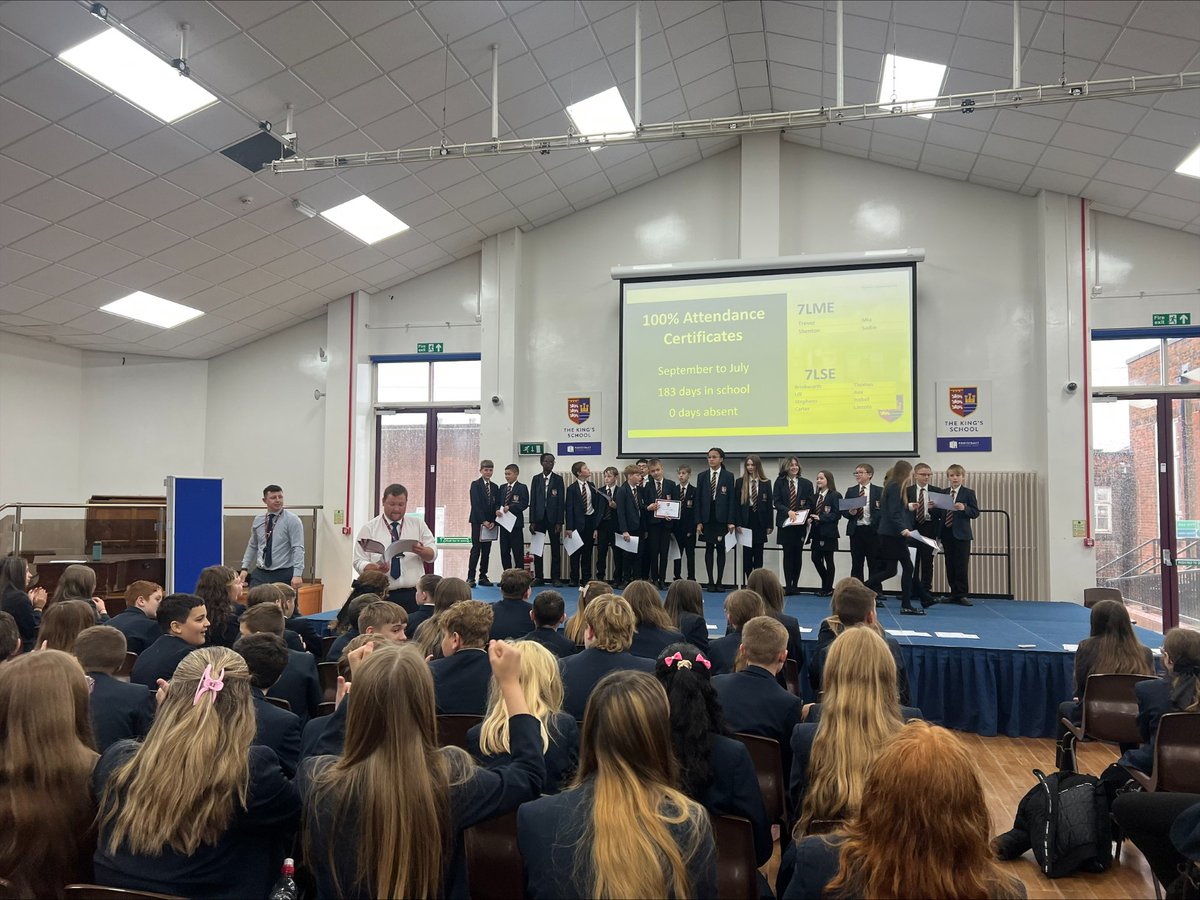 PATKingsSchool's tweet photo. This morning, we celebrated the achievements of our Year 7 students in a #RewardsAssembly. Well done to everyone who received certificates for 100% Attendance and King's Points. ๐ ๐ฅ ๐ฅ ๐ฅ #BeKings #EndOfYearCelebration https://t.co/6pXle03Zkf