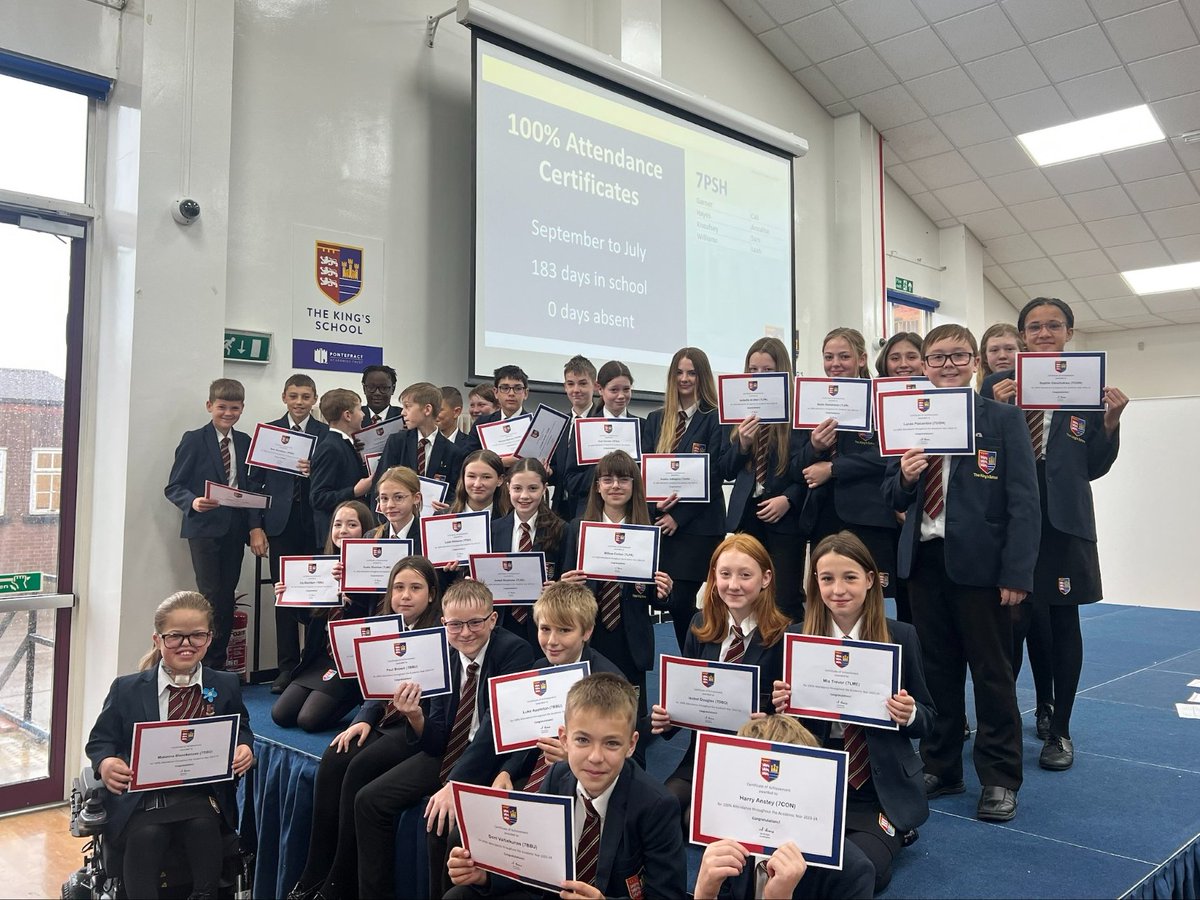 PATKingsSchool's tweet photo. This morning, we celebrated the achievements of our Year 7 students in a #RewardsAssembly. Well done to everyone who received certificates for 100% Attendance and King's Points. ๐ ๐ฅ ๐ฅ ๐ฅ #BeKings #EndOfYearCelebration https://t.co/6pXle03Zkf
