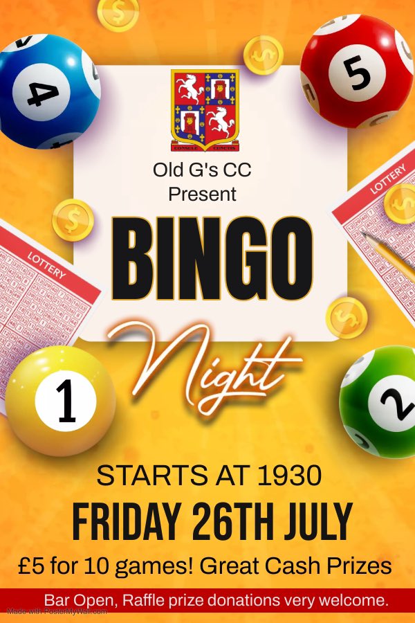 OldGsCC's tweet photo. Back by Popular Demand! 
OGCC Bingo! 
Friday 26th July, starting at 1930 just £5 for 10 games with great cash prizes. 
Bar will be open and a Raffle will take place. https://t.co/DCGGeXWtv5