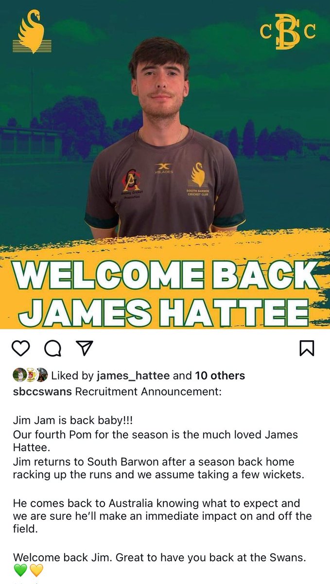 Osbaldwick C.C. (@osocricket) on Twitter photo Congratulations to <a href="/jhattee/">James Hattee</a> who has just signed up to another winter down under returning to <a href="/southbarwoncc/">South Barwon CC</a>
Go well Jim 🏏 Congratulations to <a href="/jhattee/">James Hattee</a> who has just signed up to another winter down under returning to <a href="/southbarwoncc/">South Barwon CC</a>
Go well Jim 🏏