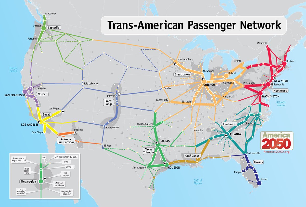 80% of internal flights ✈️ in #USA 🇺🇸 could be replaced by a high speed rail network 

🚅 bullet trains going 300 mph

Reduced carbon emissions
Faster, safer travel 🧳 
Massive job creation 👷‍♀️👷‍♂️
Technology innovation 🚝
Vote winner #USElection2024 

#America2050 
#ClimateChange