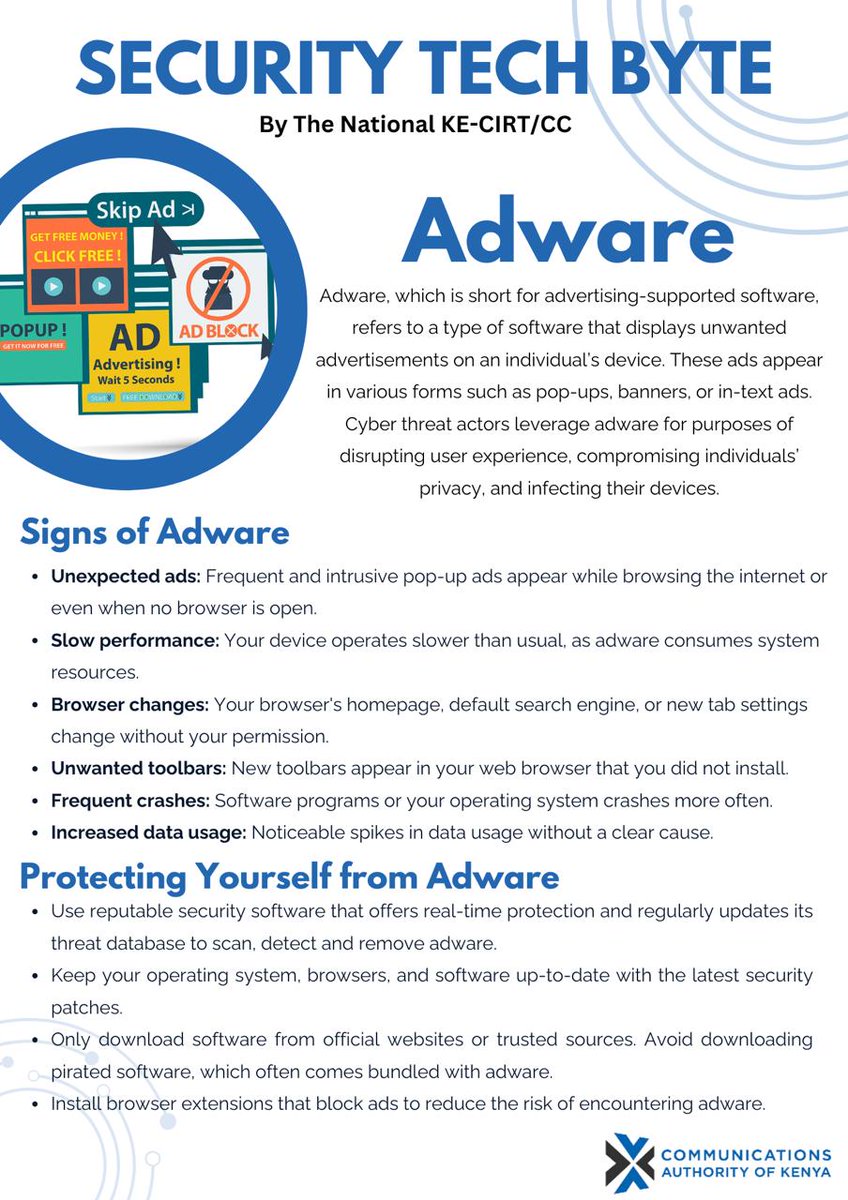 KeCIRT's tweet photo. Adware - The uninvited guest who won't stop talking about their latest deals. Kick them out with our #TechByteTuesday guide to adware removal & protection. #BeCyberAware #cybersecuritytips #Adware https://t.co/k0X1b4bmYa