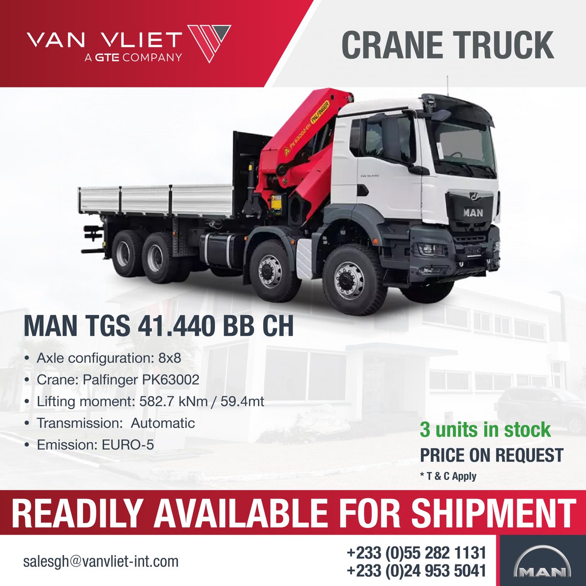 vanvliet_gh's tweet photo. 3x MAN TGS 41.440 BB CH 8x8 Crane Truck, NEW!
Readily Available for Shipment!
Contact us for a cool deal.

More Specs: https://t.co/K5UZNZ73Vw

#MANTruckandBus #SimplyMyTruck #vanvlietghana #VanVlietAutomotive #MANtrucks #MANCranetruck https://t.co/QcO4Zm6fud