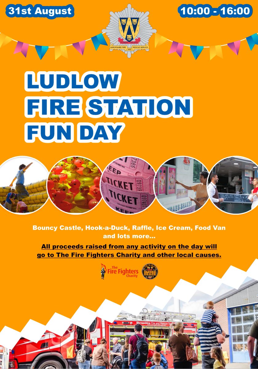 🚒Join us for a fun-filled Fire Station Fun Day! 🚒

📅 Date: 31st August 2024 
🕒 Time: 10:00 - 16:00 
📍 Location: Ludlow Fire Station 

Bring the whole family to meet our firefighters, explore our fire appliances , enjoy a tour of the station, and learn about fire safety.