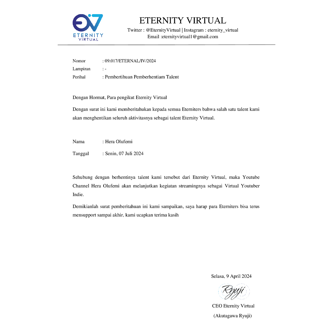 EternityVirtual's tweet image. 〔 ANNOUNCEMENT 〕

Pengumuman berakhirnya kontrak dari salah satu dari talent kami
@heraolufemi 
pada 7 Juli 2024. Dengan ini Hera akan melanjutkan aktivitasnya sebagai vtuber indie.

Terima kasih atas perhatiannya.
#EternityVirtual #VtuberID