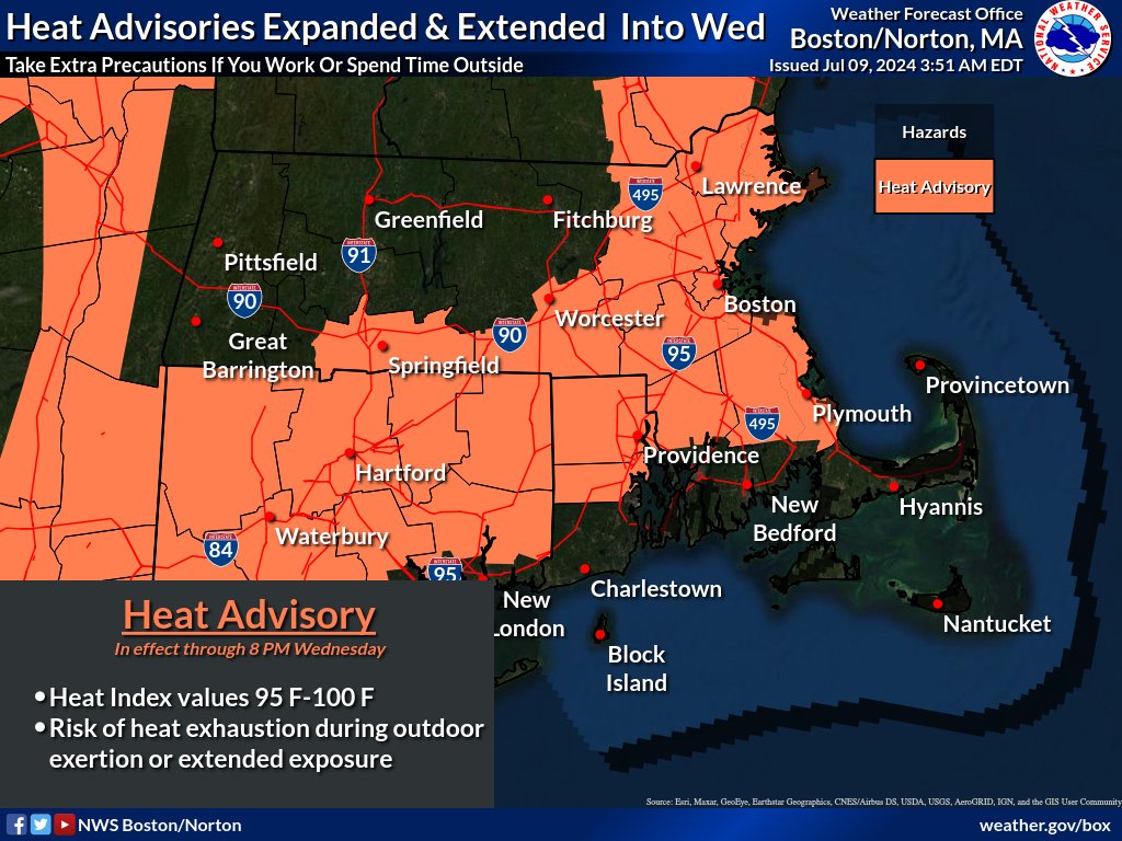 NWSBoston's tweet photo. [Heat &amp; Isolated Severe Weather Threat] Heat Advisories have been extended into Wed and also expanded to cover the rest of eastern MA including Boston. There also is an isolated severe/very localized flood  risk between 2 &amp; 10 pm this evening with the greatest risk north of I-90. https://t.co/n7Q7AoIieQ