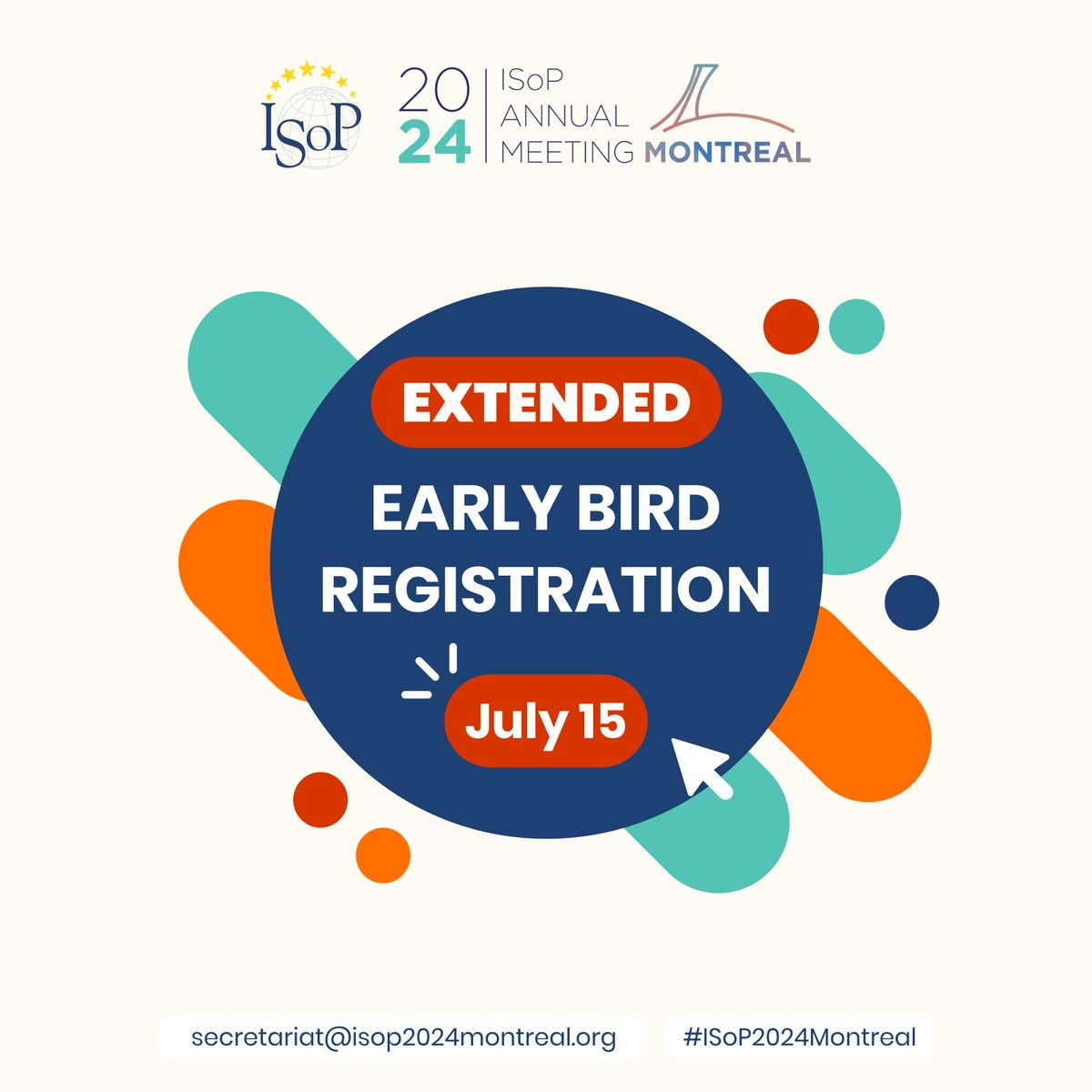 ISoPonline's tweet photo. 📣 Are you attending #ISoP2024Montreal? 🗓
Great news! The ISoP 23rd Annual Meeting Local Organizing Committee has extended the Early Bird Registration deadline by ONE MORE WEEK! 🎉
You now have until July 15th to secure your spot. 
🗓️ Register here: https://t.co/jGTJDbOgVJ https://t.co/ECdGbFTd1u
