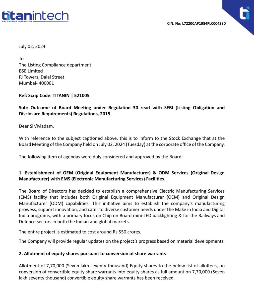 Vismaya9999's tweet image. ✍️Titan Intech 

Company enters into Electronic manufacturing service (EMS) space with OEM and ODM capabilities with project estimate of 550 crores  👍

#Titanintech