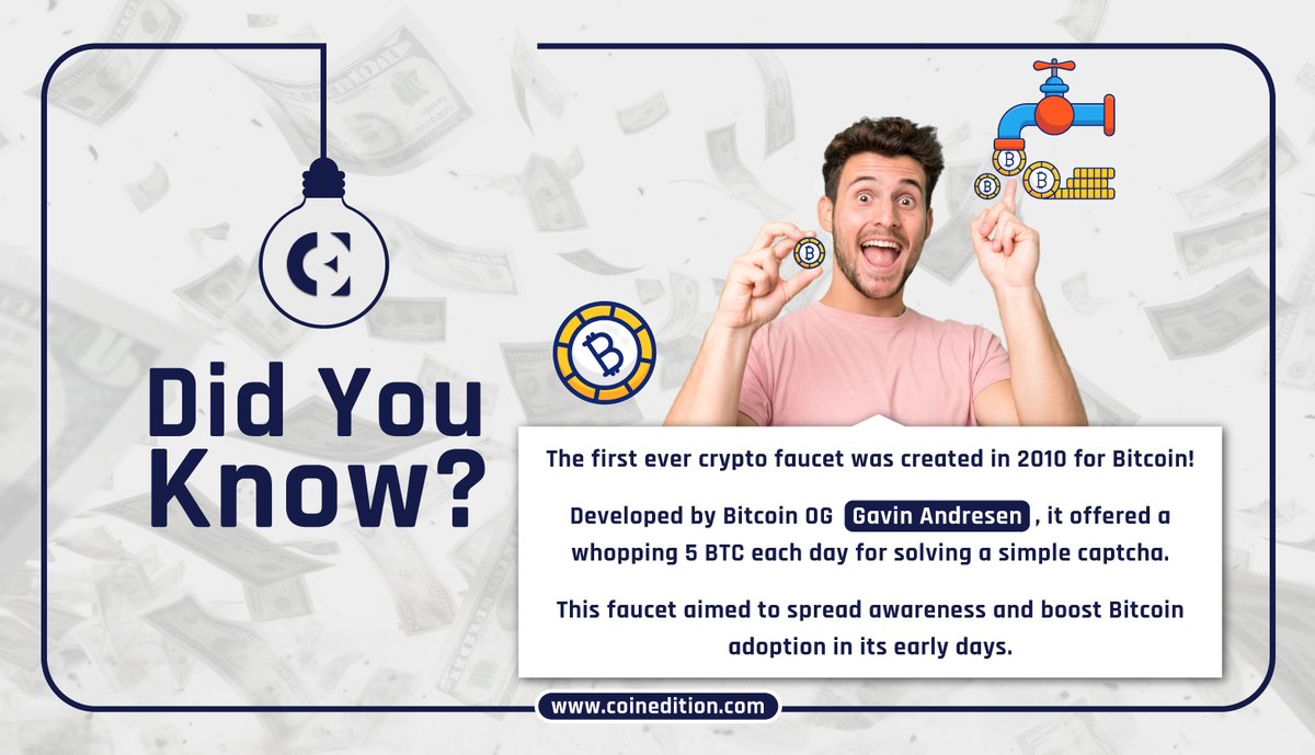 The first crypto faucet was created in 2010 by Bitcoin OG @gavinandresen.  It offered 5 BTC daily for solving a simple captcha to spread awareness and  boost Bitcoin adoption. #CryptoHistory #Bitcoin #Faucets #