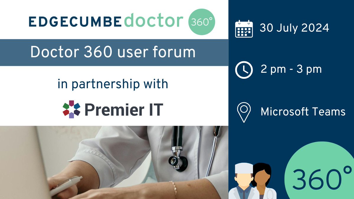 Join us for the upcoming <a href="/EdgecumbeGroup/">Edgecumbe</a> Doctor 360 user forum supported by Premier IT.

Learn about new features and updates implemented since the last forum, designed to improve your experience with Doctor 360˚ and PReP.

 Secure your spot: bit.ly/D360Forum30J24