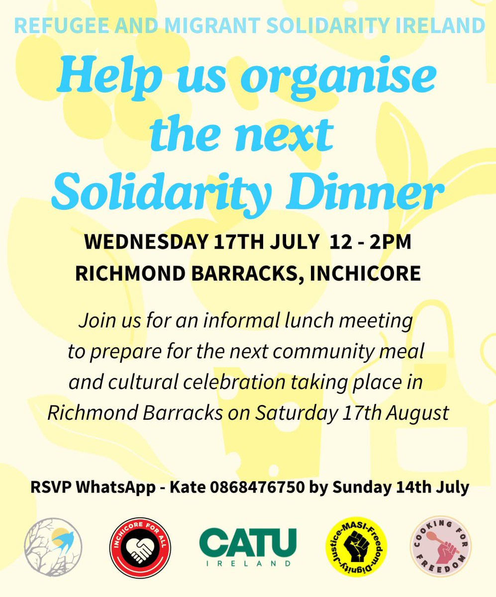 ON JULY 17TH 12-2PM
RICHMOND BARRACKS, INCHICORE

YOU ARE INVITED TO ATTEND AN INFORMAL MEETING &amp; SOCIAL TO CHAT, EAT AND PARTY PLAN: VOLUNTEER WITH OTHER LOCAL VOLUNTEERS TO PLAN A COMMUNITY MEAL AND CULTURAL CELEBRATION WHICH WILL TAKE PLACE ON AUGUST 17TH IN RICHMOND BARRACKS