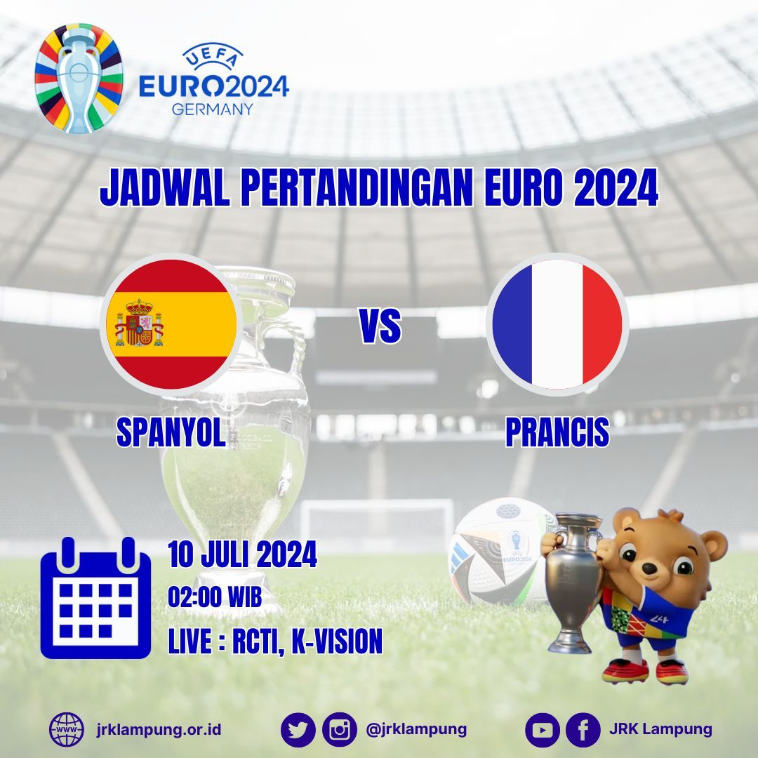 Jadwal EURO 2024

Spanyol vs Prancis

10 Juli 2024 (02:00)

Live  RCTI &amp; K-Vision

#euro2024
#germany
#football
#sepakbola
#jrklampung
#jrkl
#lampung