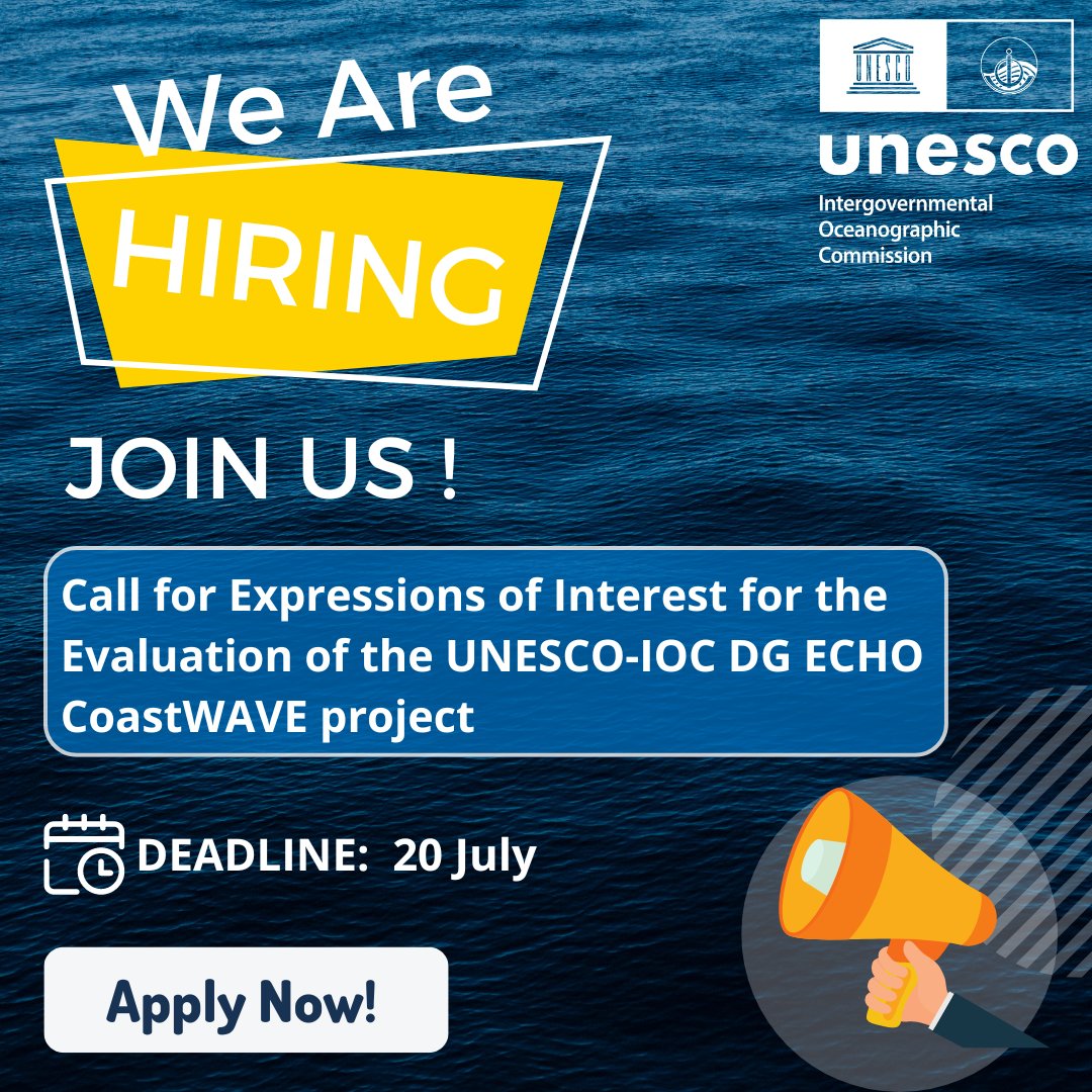 📢 Call for Proposals!

We invite senior evaluators, both individuals and entities, to submit written proposals for the end-term external evaluation of the UNESCO-IOC CoastWAVE project.

📝 Submit your proposals by 20 July 👉 ow.ly/W7QU50Sx1xa
