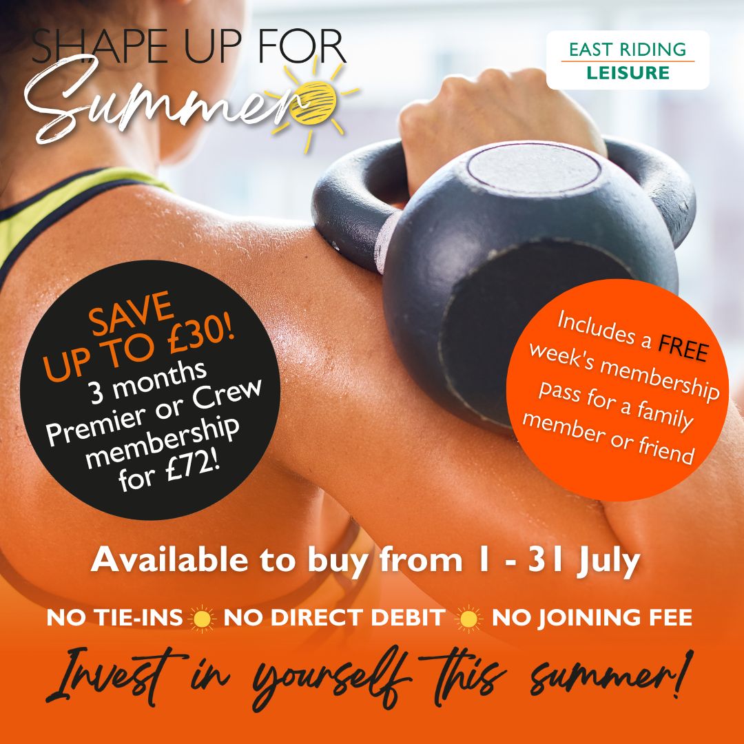 ERLeisure's tweet image. Enjoy three months Premier or Crew membership for just £72 with no tie-ins, no joining fee or direct debit, saving up to £30!

Available to purchase from 1 - 31 July online or at any East Riding Leisure centre
orlo.uk/Shape_Up_For_S…
#shapeupforsummer