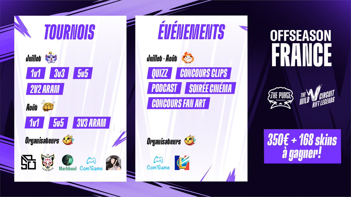 Le #RiftLegends revient avec une offseason pleine d'événements francophones <a href="/wildriftFR/">League of Legends: Wild Rift France</a> !

💸 350€ + 168 coffres de skin aléatoire à gagner
🤝 En partenariat avec <a href="/wildriftfrance/">Wild Rift Communauté FR</a> <a href="/Esport_SCP/">Team SCORP</a>  <a href="/Comgamecx/">Comgame</a> <a href="/INT_InTenebris/">In Tenebris</a> <a href="/H_amnesia_/">Amnesia</a> #Marhboul 
❤️ La suite à venir...