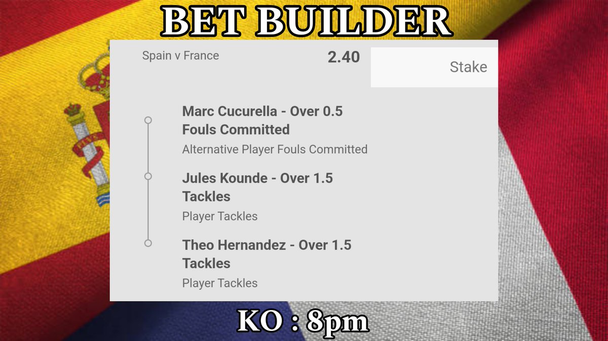 TomWhiteTips's tweet photo. BET BUILDER

🇪🇸 Spain v France 🇫🇷 

@ 2.40

EURO 2024 🌎 

#Tips #Bets #Betting #Football #Spain #France #EURO2024 #BetBuilder https://t.co/G5hU31TqJP